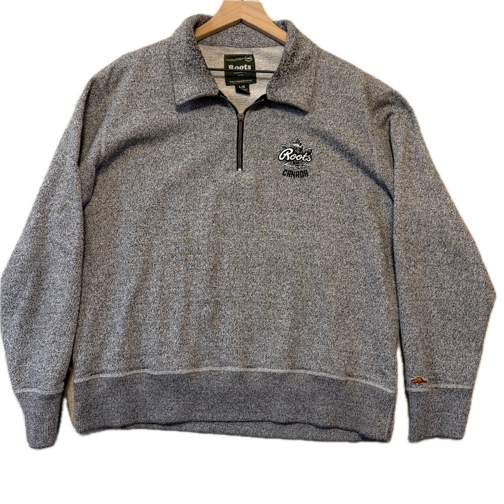 ROOTS Salt & Pepper Quarter Zip Pullover Mens Large Grey Fleece Maple Leaf Logo